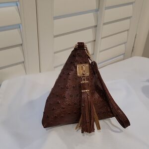 Patrizia Luca Brown Ostrich Skin Look Textured Triangle Wristlet